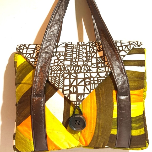 Handmade Multicolor Geometric Patterned Women's Bag with leather strap & trim - Picture 7 of 7